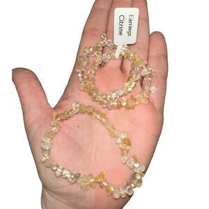 New Natural Citrine Stone Hoop Earrings .925 Sterling Silver Hook & Bracelet Set